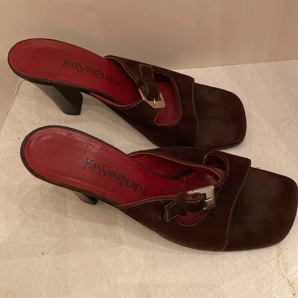 Yves Saint Laurent Brown Suede Vintage Square Toe Buckle Sandal Heel Pumps - Picture 8 of 13